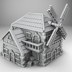 May include: A grey 3D printed model of a small stone and wood windmill with working windmill blades. The windmill has a small stone house attached to it with a wooden door and windows.