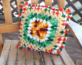 Vintage Granny Square Crocheted Pillow, Boho Cottage Decor