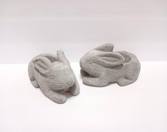 Vintage Concrete Bunny Planters, Tea Light Holders, Set of 2