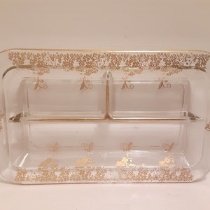 Vintage Gold Embossed Glass Dresser Caddy or Relish Dish, Gold and Glass Decor, Gold Trinket Dish Regencycore Coquette