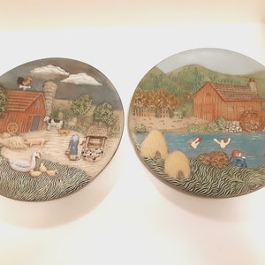 Vintage Set of 2 Mike&#39;s Mold Decorative Plates Featuring Nostalgic Farm Scenes, Barn, Farms Animals, Children Playing, Mountains, and Trees