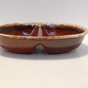 Vintage 1980s Hull Pottery USA Brown Drip Divided Dish, Bakeware, Serveware, Dip Server, Oven Safe, Rustic, Farmhouse, Country, Cottage