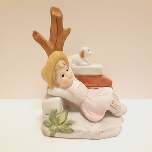 Sweet Hand Painted Figurine of a Girl and Her Puppy Dog, Girl Wearing a Pink Dress and Her White Dog Beside a Brick Wall and a Tree Cottage