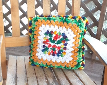 Vintage Granny Square Crocheted Pillow, Boho Farmhouse Decor