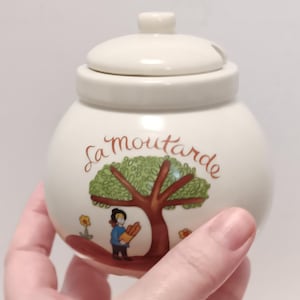Vintage 1980s Gallery Originals Mustard Jar &quot;La Moutarde&quot; Glazed Ceramic Provencal Scene Mustard Dish