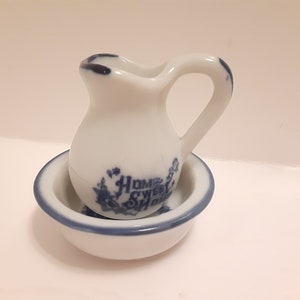 Vintage Porcelain Home Sweet Home Blue & White Miniature Pitcher and Bowl Set, Dollhouse Decor