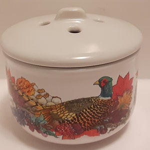 Beautiful Signed Pheasant Fall Leaf/Harvest Vegetables Flower Motif Garlic Keeper or Potpourri Holder, Pheasant Decor Fairy Forest Cottage