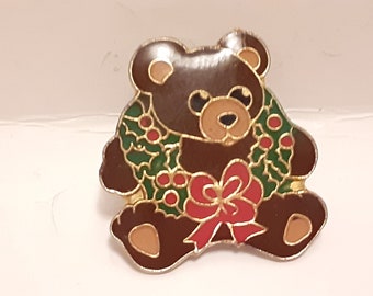Vintage Swibco Teddy Bear Christmas Wreath Enamel Brooch