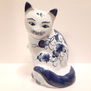 Vintage Blue and White Chinese Cat Figurine, 10 inches Tall, Heavy High Quality Ceramic, Chinese Lucky Cat, Butterfly & Grape Vine Pattern