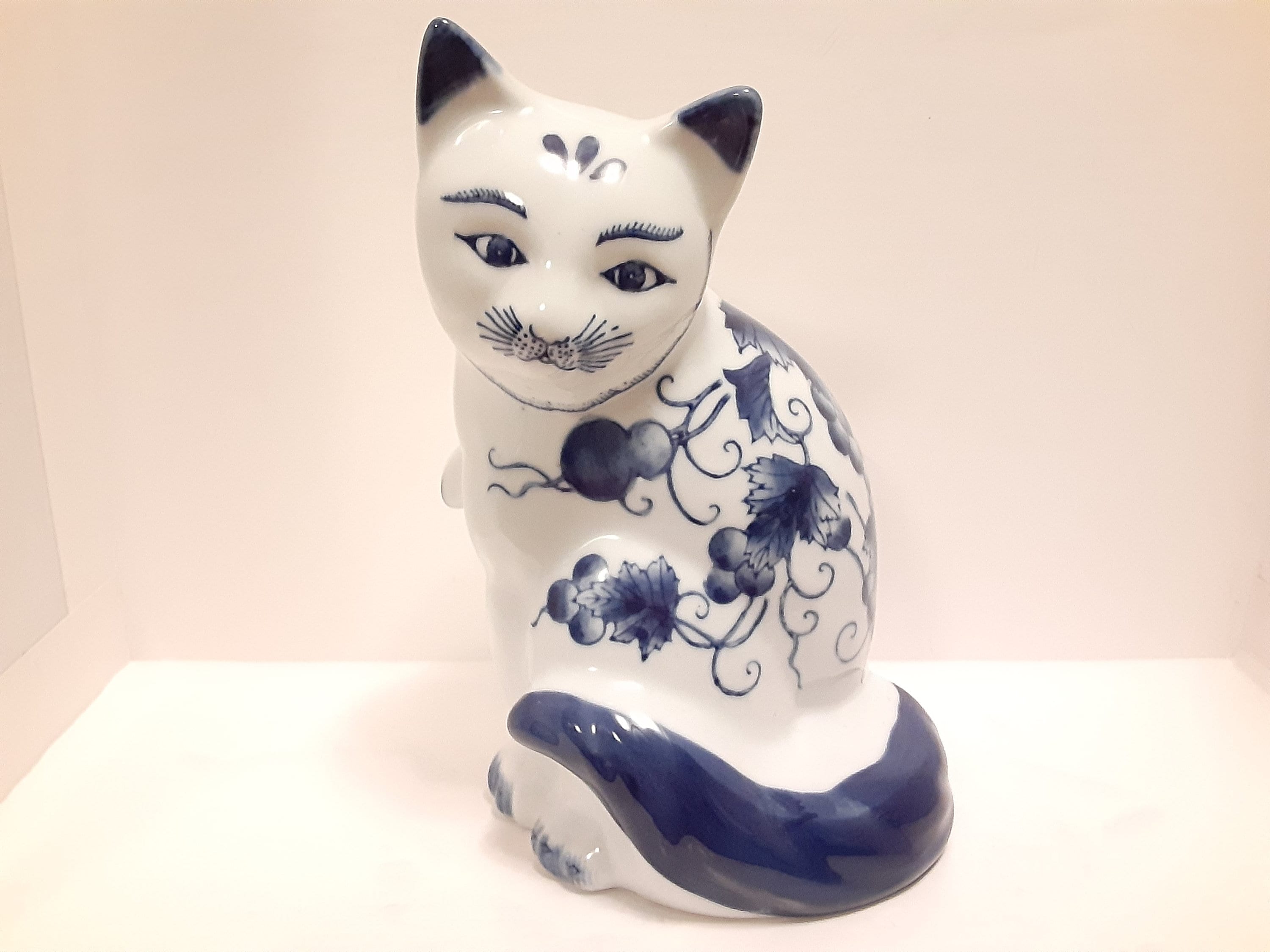 Vintage Blue and White Chinese Lucky Cat Figurine, Butterfly