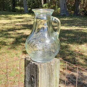 Vintage Nautical Glass Pitcher with Sailing Ship on Both Sides, Use it for Serving Vinegar, Dressing, Syrup, Coffee Creamer, Beachy Kitchen