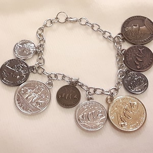 Hand Made Coin Bracelet by Miss Bee Featuring Copper, Silver, and Gold Toned Coin Charms with Elizabeth II and a Sailing Ship