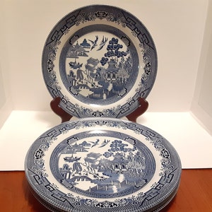 Vintage Churchill Blue Willow Pattern Dinner Plates X4 Fine English Tableware Made in Staffordshire England, Blue and White Dinner Plates