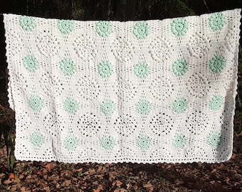 Vintage Hand Crocheted Afghan Throw Blanket, Mint Green & White (48x48)