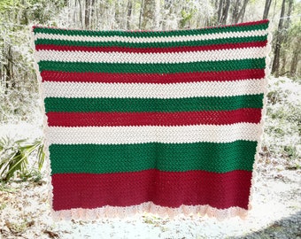 Beautiful 84"x50 Twin Size Hand Crocheted Blanket with Red, Green, and Tan Stripes and Scalloped Edges, Twin Crocheted Blanket