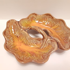 Vintage MCM Retro California Pottery Original #894 Divided Leaf Serving Dish Brown and Orange Drip Handle Serving Dish, Console Bowl Forest