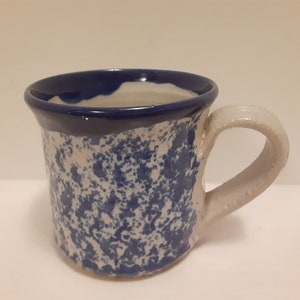 Vintage Studio Pottery Blue and White Spongeware Mug, Signed by the Artist