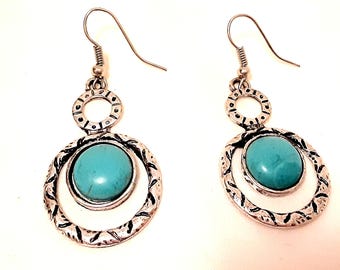 Vintage Southwestern Style Turquoise Earrings, Silver Toned Boho Cowgirl Jewelry