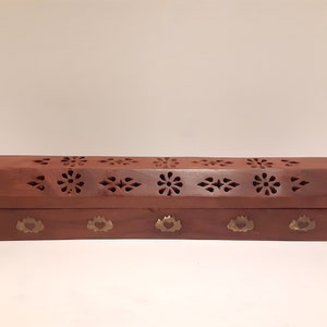 Vintage Wood with Brass Inlay Incense Burner with Hinged Lid, Cut Outs in Lid, Hold One Incense Stick, Made in India