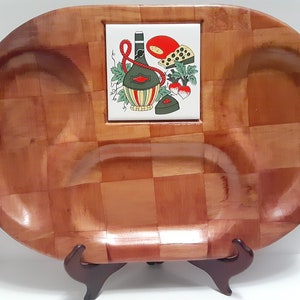 Vintage 1970s Large MCM Parquet Wood Cheese Tray with Inset Tile Ceramic Trivet Showing Vegetables, Divided Tray Platter, Charcuterie Board