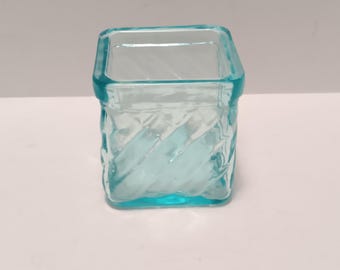 Vintage Sea Blue Glass Square Tea Light Candle Holder Diagonal Basket Stripe Design 3 Inches Tall Beach Cottage