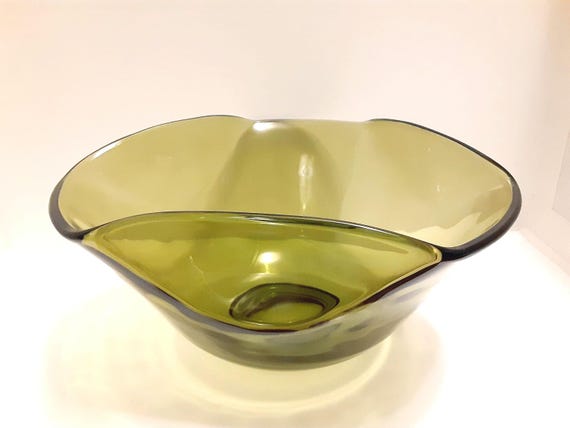 Vintage Olive Green Glass Bowl, Mid Century Modern Decor, Art Glass Centerpiece