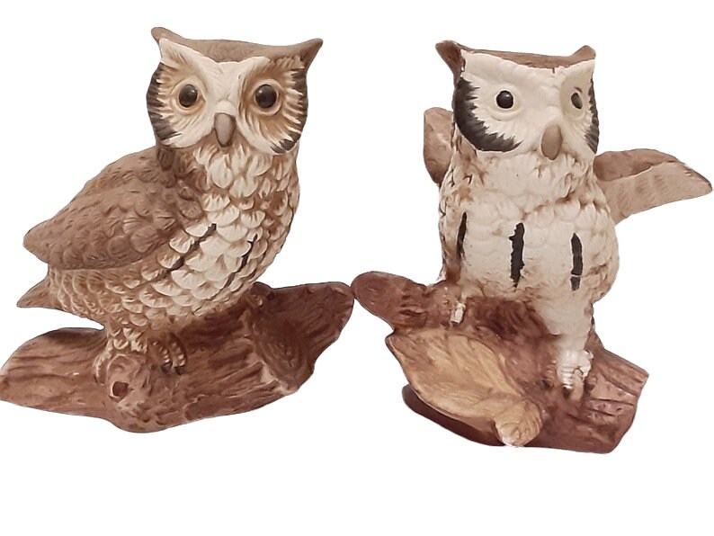 Vintage Pair of Homco Ceramic Owls, Owl Figurines Cottage Forest Fairy Goblincore