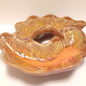 Vintage MCM California Pottery Leaf Serving Dish, Brown Orange Drip