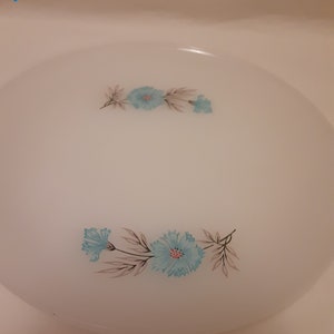May include: White oval plate with a floral design. The plate features two clusters of blue flowers with red centers and gray leaves. The text "plate 1" is written in blue at the top.