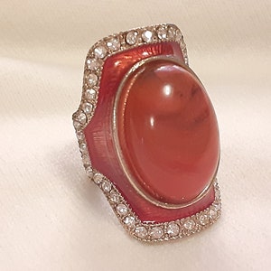 Vintage Statement Ring Gold Toned Orange Oval Stone Ring Rhinestones Elastic Band with Metal Beads Costume Jewelry Ring Boho Cowgirl Western