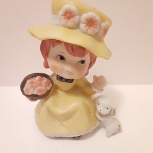 Vintage Homco Red Headed Girl Wearing a Yellow Dress and Hat with Her Puppy Figurine, Country Girl Figurine, Old Fashioned Girl Figurine
