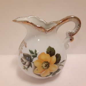 Vintage Ardco Yellow Rose and Orange Rose Creamer with Gold Fruit Accents Made in Japan, Floral Creamer