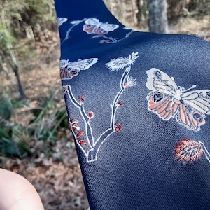 Rare Vintage Men&#39;s Zachry Necktie, Navy Blue w/ Butterflies in Cream and Orange & Red Thistle, Wide, 58&quot; Long