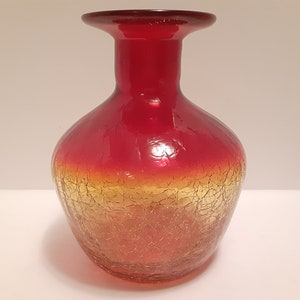 Gorgeous Vintage MCM Blenko Hand Blown Amberina Crackle Glass Art Glass Vase, Red Orange Yellow Ombre Blenko Vase, Blenko Crackle Glass Vase