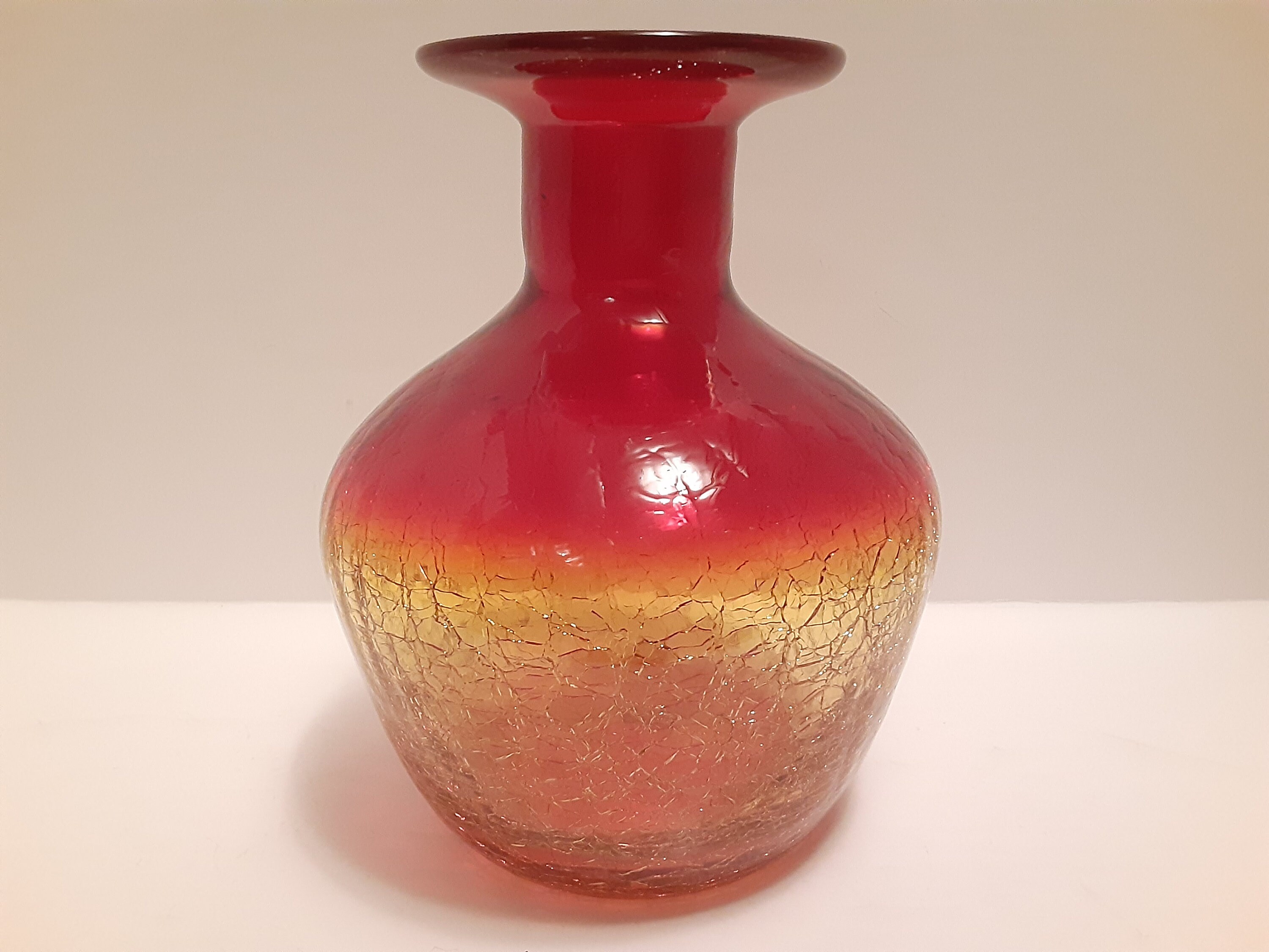 Magnífico Vintage MCM Blenko soplado a mano Amberina Crackle Glass Art Glass Jarrón, rojo naranja amarillo Ombre Blenko Jarrón, Blenko Crackle Glass Jarrón