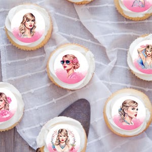 May include: A set of eight round edible cupcake toppers featuring different illustrations of a woman with various hairstyles and outfits. The toppers are printed on white paper with a pink background and are ideal for decorating cupcakes or other desserts.