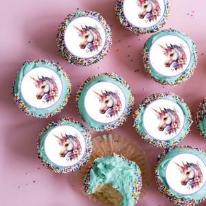 Watercolor Unicorn Edible Images - Cupcake / Cookie Round Icing Toppers - Precut