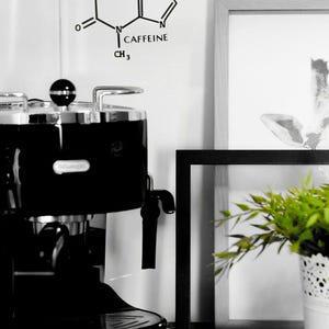 May include: A black espresso machine with a silver top and a chrome handle. The machine is sitting on a counter next to a framed picture and a potted plant. The wall behind the machine has a black and white chemical formula for caffeine.