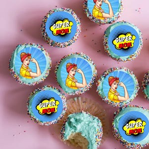 Muttertag Pop Art essbare Bilder - Super Mom Cupcake / Keks Runde Icing Toppers - Vorgeschnitten