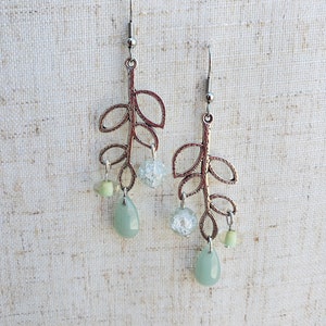 Silver Tone Leaf Dangle Earrings With Glass Beads