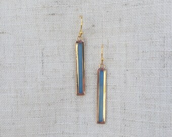 Gold Tone Bar and Blue Resin Earrings