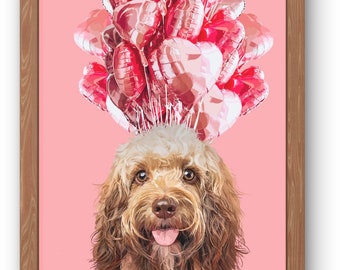 Dog Digital Art, Dog Mom Valentine Gift, Pop Wall Art, Valentine Day Dog Print, Dog Balloon Print, Heart Wall Art, Maximalist Dog Wall Print