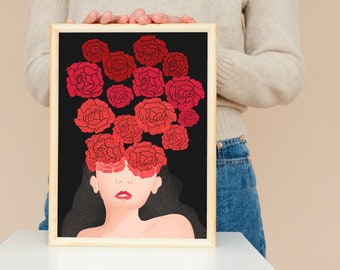 Colourful Floral Face Print, Flower Woman Art, Woman Face Painting, Abstract Head Wall Art, Bedroom Print, Woman Roses Art, Woman Art