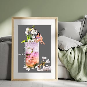 Gin cocktail art print, retro bar cart art poster, cocktail collage poster, digitale galerij muur print, appartement esthetiek, zomercocktail