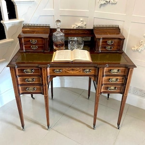 Fine Quality Antique Victorian Freestanding Maple & Co. Inlaid Writing Desk