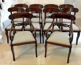 Fine Set of 10 Antique Regency Quality Carved Mahogany Dining Chairs