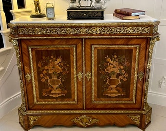 Exhibition Quality Antique Louis XV French Kingwood Floral Marquetry Ormolu Mounted Side Cabinet