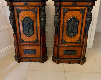 Exhibition Quality Pair of Antique Victorian Amboyna and Carved Ebony Pedestals