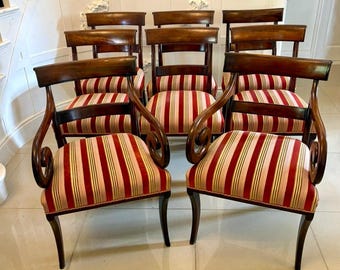 Antique Regency Mahogany Dining Chairs Set of Eight Including Two Carvers Scroll Arms