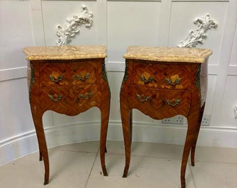 Antique Quality Pair of French Louis XV Style Marquetry Bedside Cabinets